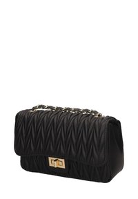 Borsa a tracolla nera in pelle trapuntata con chiusura a girello dorata e tracolla in catena intrecciata con dettagli in pelle.