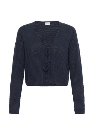 Cardigan court bleu marine à manches longues en maille ajourée, avec un col en V et deux nœuds à l'avant.