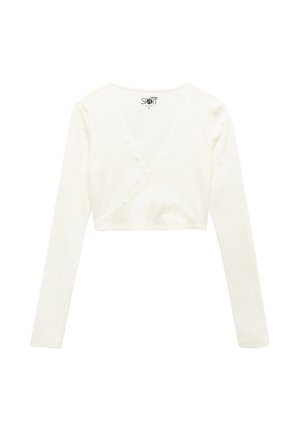 Haut court à manches longues blanc avec col en V et tissu doux, étiqueté "SPORT" taille small.