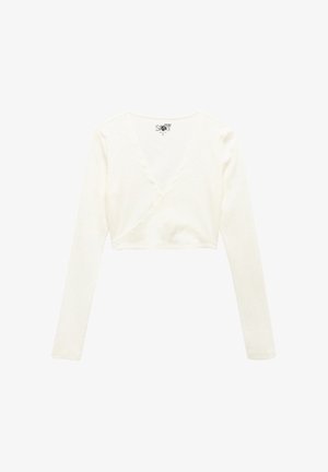 Haut court à manches longues blanc avec col en V et tissu doux, étiqueté "SPORT" taille small.