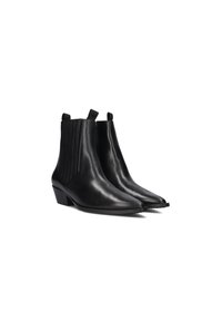 Schwarze Knöchelboots aus glattem Leder, mit einer spitzen Zehenpartie, gerippten Seitendetails und einem mittelhohen Blockabsatz für Stabilität.