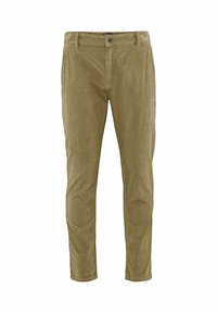 Olijfgroene corduroy broek met verticale ribbels, rechte snit, riemlussen, voorzakken en een knoopsluiting.