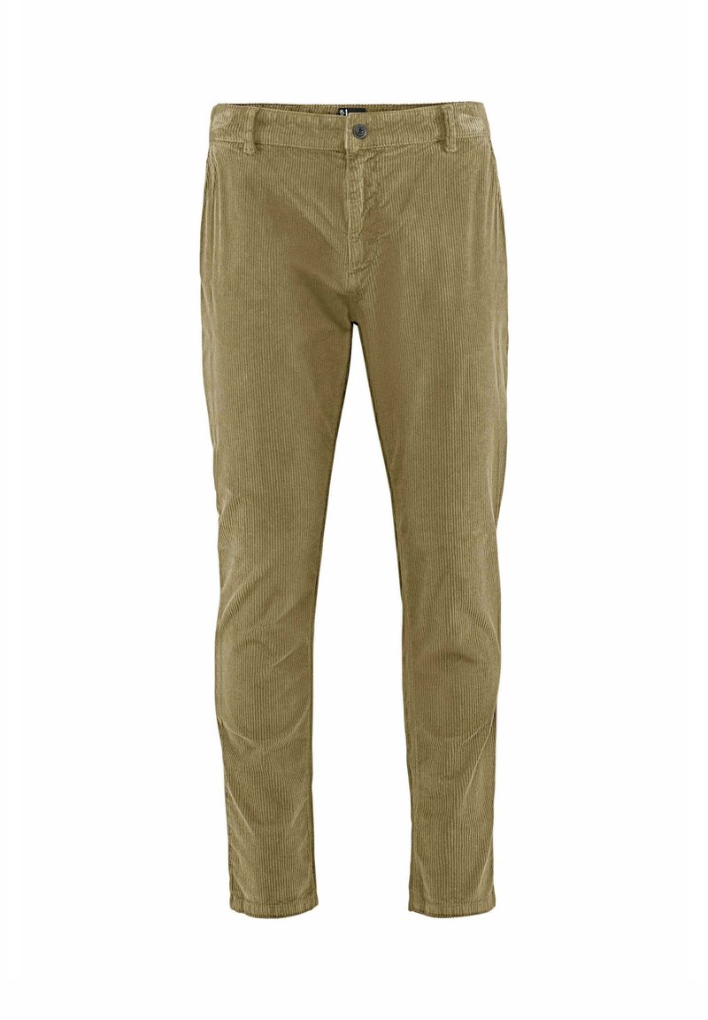 Olijfgroene corduroy broek met verticale ribbels, rechte snit, riemlussen, voorzakken en een knoopsluiting.