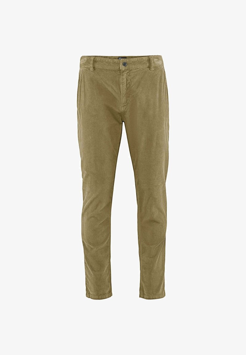 Samtstoffhosen in olivgrün, mit senkrechten Rippungen, geradem Schnitt, Gürtelschlaufen, Fronttaschen und Knopfverschluss.