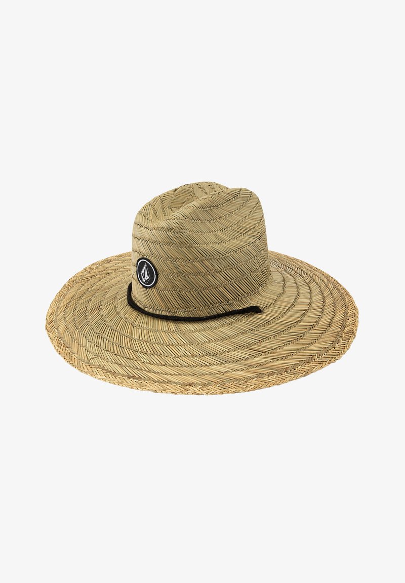 Wide-brimmed straw hat with a patterned weave, a black circular logo on the front, and a thin black band around the base.
