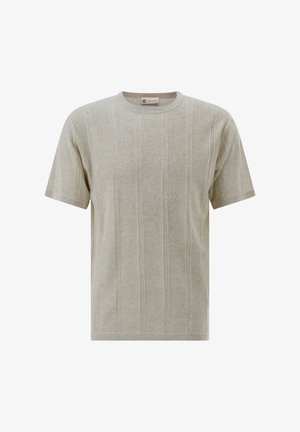 Beige kurzärmliges Strick-T-Shirt mit vertikalen, strukturierten Streifen und rundem Ausschnitt, Frontansicht vor weißem Hintergrund.