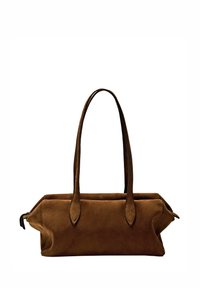Brown suede handbag with dual handles, rectangular shape, zip closure, and stitched detailing; smooth texture, minimalistic design.