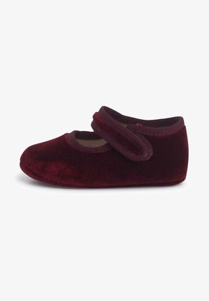 Bordeaux rote Samt-Mary-Jane-Schuhe mit runder Zehenpartie, zwei Klettverschlüssen und einem weichen Innenfutter. Flache Sohle für Komfort.