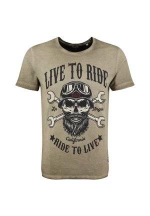 Beiges T-Shirt mit einem Totenkopf, der einen Helm und eine Schutzbrille trägt, gekreuzte Schraubenschlüssel dahinter und der Text „Live to Ride, Ride to Live, Los Angeles, Kalifornien.“