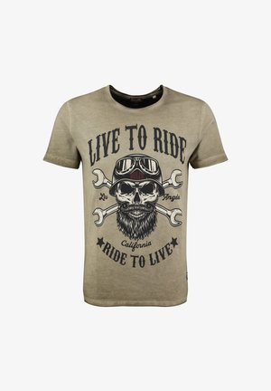 Beżowa koszulka z czaszką w hełmie i goglach, z skrzyżowanymi kluczami za nią oraz tekstem „Live to Ride, Ride to Live, Los Angeles, California.”