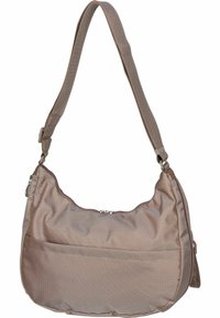 Borsa a spalla in tessuto marrone e texture con una singola tracolla regolabile, chiusura con zip e tasca frontale. Design arrotondato con bordi lisci.
