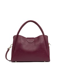 Sac à main en cuir bordeaux avec une surface texturée, un haut arrondi, une forme structurée, des poignées doubles et une bandoulière amovible. Accents en matériel doré.