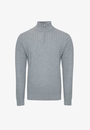 Grå lynlås sweatervare med høj krave, tekstureret stof med et hævet mønster og lange ærmer.