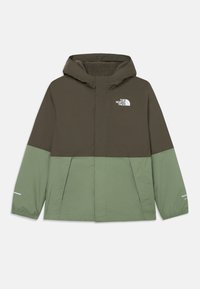 Kapuzenshirt mit einem braunen oberen Abschnitt und einem grünen unteren Abschnitt, glattes Material mit einem inneren Fleece-Futter und einem weißen Logo auf der Brust.