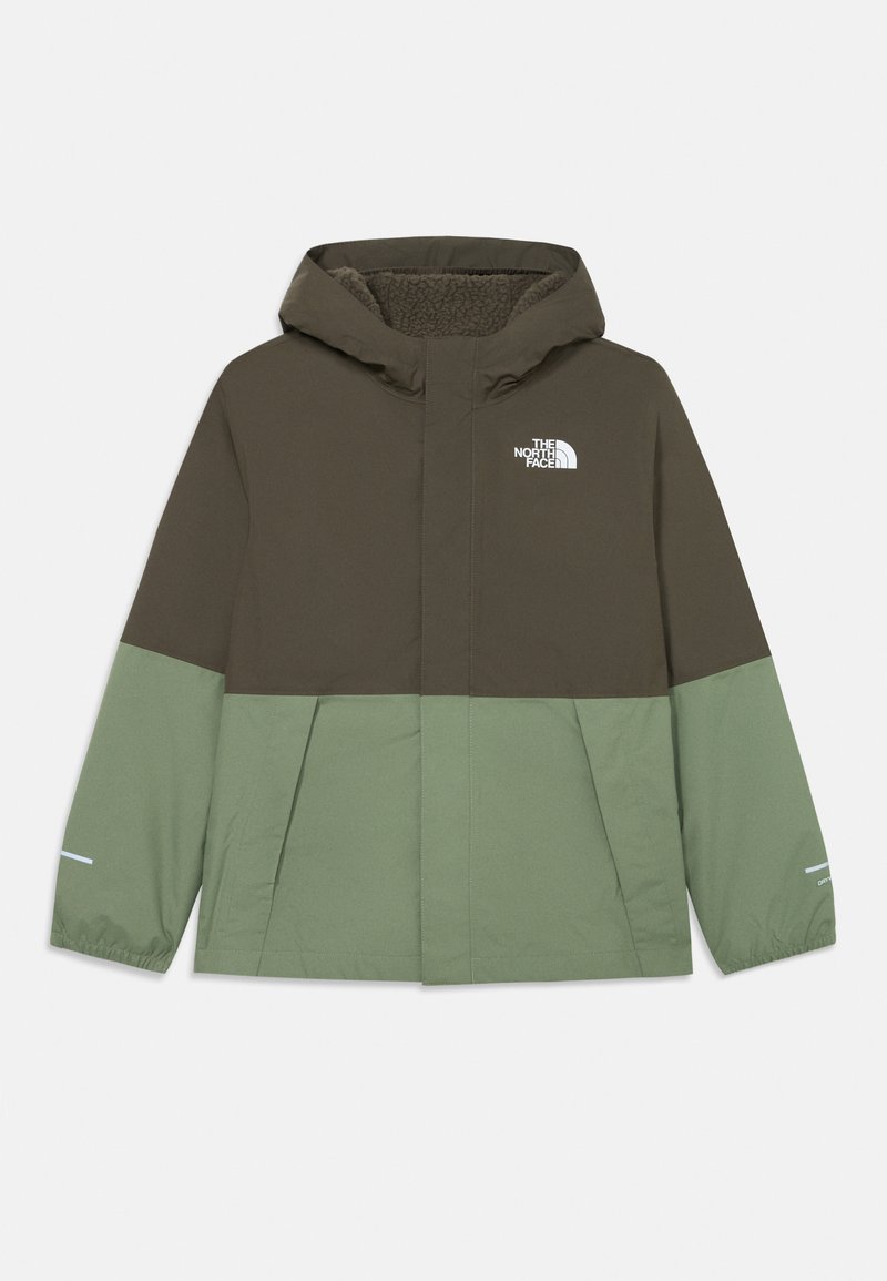 Kapuzenshirt mit einem braunen oberen Abschnitt und einem grünen unteren Abschnitt, glattes Material mit einem inneren Fleece-Futter und einem weißen Logo auf der Brust.