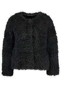 Veste en fausse fourrure noire avec une surface texturée, un col rond et des manches longues; présente un design simple à l'avant ouvert sans fermetures.