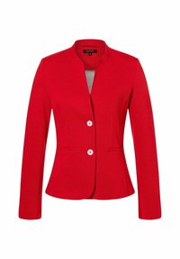 Women's fitted red blazer with long sleeves, two white front buttons, round collar, and welt pockets.