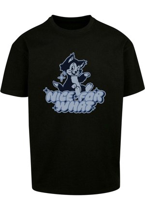 Schwarzes Baumwoll-T-Shirt mit einem Cartoon-Charakter und einem hellblauen grafischen Text "NICE FOR WHAT", der ein verspieltes Design zeigt.