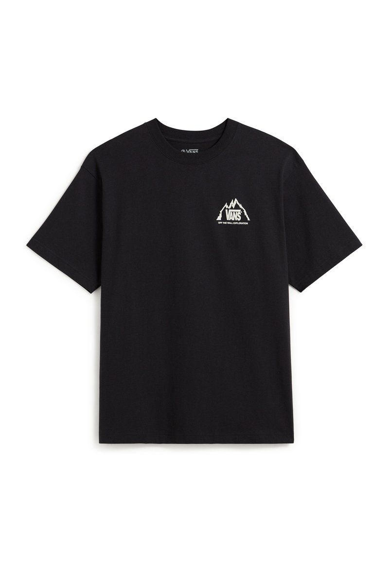 Černé bavlněné tričko s krátkým rukávem. Má bílou grafiku hory a text "VANS" na levém prsu. Design s kulatým výstřihem.