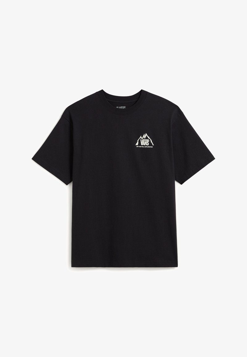 Sort bomulds T-shirt med korte ærmer. Har et hvidt bjerggrafik og "VANS" tekst på venstre bryst. Rund hals design.