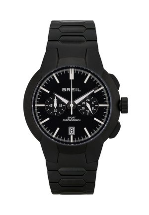 Czarny zegarek chronograf z teksturowanym paskiem silikonowym, dużą okrągłą kopertą, białymi znacznikami godzinowymi i tarczami pomocniczymi. Wyświetlacz daty na godzinie szóstej.