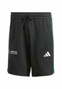 Pantalones cortos negros con cintura elástica y cordón, que presentan rayas laterales en color azul verdoso y logotipos en blanco: AMG Petronas y trébol de Adidas.