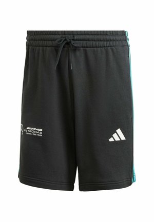 Black shorts with an elastic waistband and drawstring, featuring teal side stripes and white logos: AMG Petronas and Adidas trefoil.