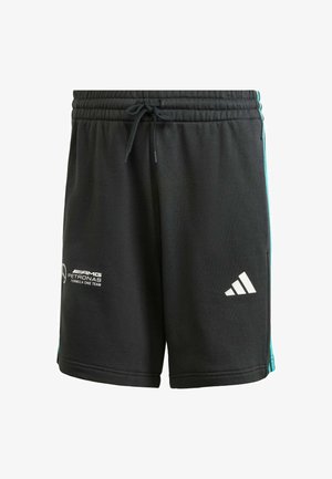 Black shorts with an elastic waistband and drawstring, featuring teal side stripes and white logos: AMG Petronas and Adidas trefoil.