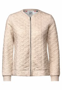 Světlá béžová prošívaná bomber bunda s žebrovanými lemy na rukávech a výstřihu, s předním zipem a strukturovaným geometrickým vzorem.