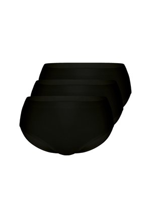 Drei Paar schlichte schwarze Damen-Slips im Brief-Stil, gestapelt, vor weißem Hintergrund gezeigt.