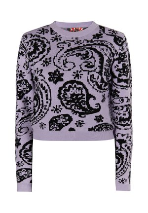 Pull cropped violet avec un motif paisley noir, doté de détails complexes et d'un col et de poignets côtelés. Texture douce, tricotée.