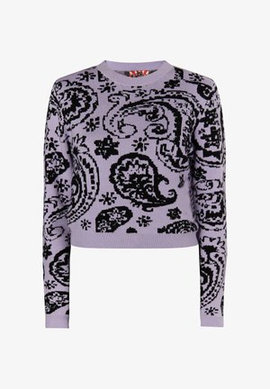 Pull cropped violet avec un motif paisley noir, doté de détails complexes et d'un col et de poignets côtelés. Texture douce, tricotée.