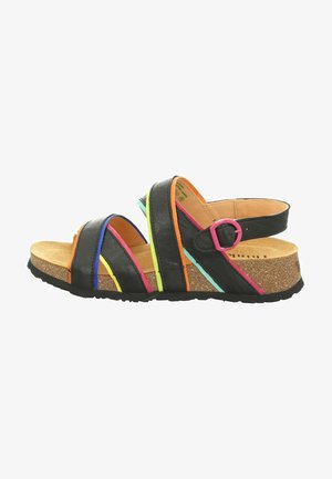 Sorte læder kile sandal med multicolor kant, lyserød spænde, kork sål og tre stropper over foden og anklen.