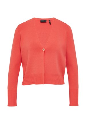 Koraalkleurige gebreide cardigan met een V-hals, enkele knoopsluiting, lange mouwen, geribde manchetten en zoom. Zachte textuur, cropped ontwerp.