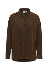 Camisa de pana marrón con cuello abotonado, mangas largas y dobladillo curvado. Cuenta con botones delanteros y una textura suave.