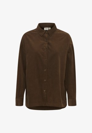 Chemise en velours côtelé marron avec un col boutonné, des manches longues et un ourlet arrondi. Comprend des boutons à l'avant et une texture lisse.