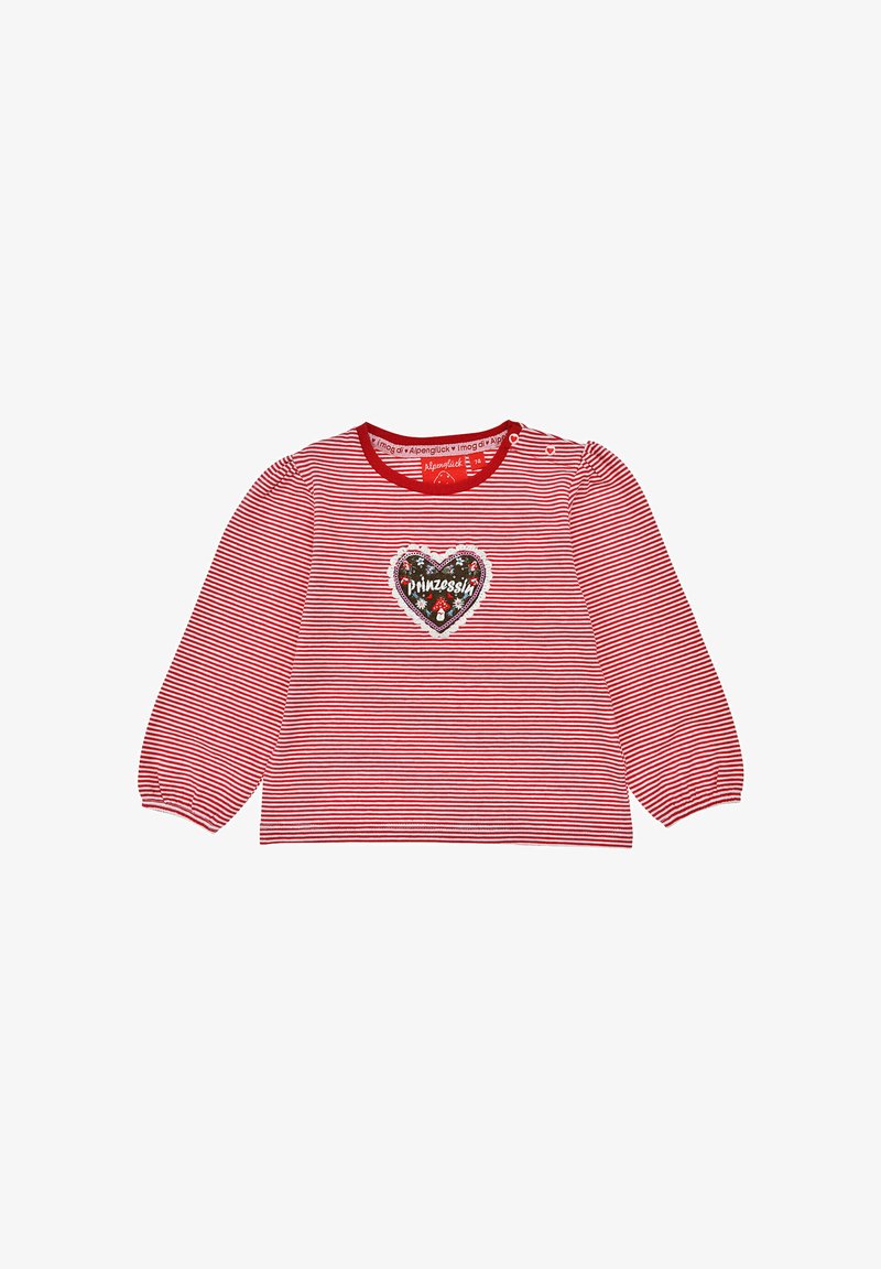 Rot-weißer gestreifter Langarmshirt mit einem herzförmigen Pailletten-Patch, das in der Mitte mit "Prinzessin" beschriftet ist. Weiches Baumwollmaterial.