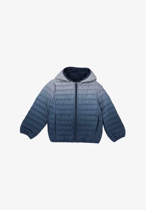 Gepolsterte Jacke mit Farbverlauf von Marineblau zu Hellblau, mit Kapuze, Reißverschluss und gerippten Bündchen. Ganzflächiges, strukturiertes Steppmuster.