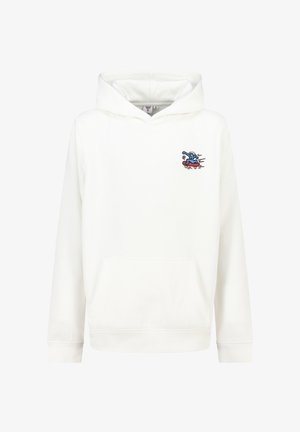 Witte hoodie van zacht materiaal met een voorkleur, geribbelde manchet en een blauw geborduurd ontwerp van een figuur op een skateboard.