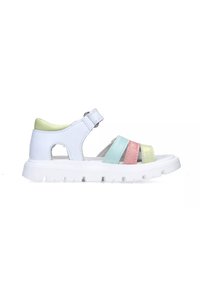 Sandal bianco con cinturini in colori pastello (rosa, teal, giallo), fibbia regolabile, design con tacco aperto e suola bianca testurizzata.