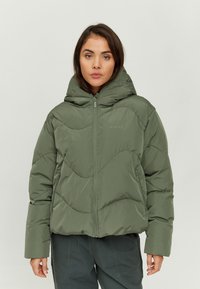 Puffy green jacket with a hood, featuring a zippered front, quilted design, and logo print on the chest. Soft, smooth fabric texture.