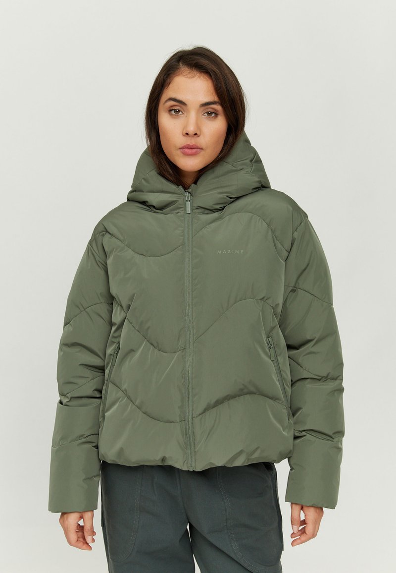 Puffy green jacket with a hood, featuring a zippered front, quilted design, and logo print on the chest. Soft, smooth fabric texture.