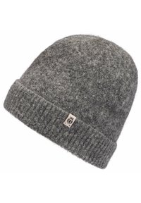 Gray wool beanie with a soft, textured surface, featuring a folded ribbed cuff and a small logo patch on the side.