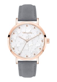 Runde Uhr mit einem weißen strukturierten Zifferblatt, das Herzmuster aufweist, roségoldenem Gehäuse und grauem Wildlederarmband. Minimalistisches Design mit Kristallakzenten.