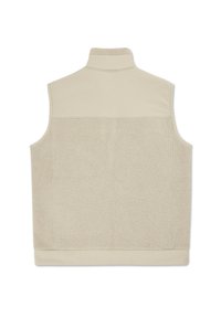 Beige ärmelloser Weste mit einem weichen, strukturierten Fleece-Rücken, glatter Vorderseite, hohem Kragen und ohne sichtbare Verschlüsse.