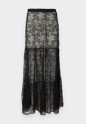 Falda maxi de encaje negro con un diseño escalonado, que cuenta con una cinturilla elástica y patrones florales. El material es transparente con una textura suave.