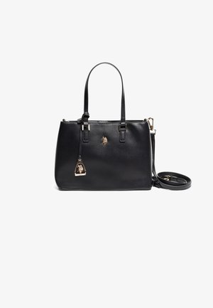 Borsa a mano nera in materiale sintetico con doppi manici, dettagli dorati e una tracolla removibile. Presenta una superficie testurizzata e un piccolo dettaglio con il logo.