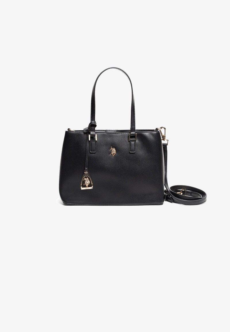 Černá syntetická kabelka s dvojitými uchy, zlatými akcenty a odnímatelným ramenním popruhem. Vyznačuje se texturovaným povrchem a malým logem.