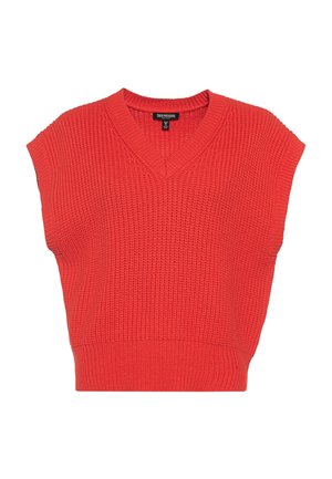 Gilet en tricot rouge sans manches avec col en V et ceinture côtelée, présentant un motif gaufré texturé.