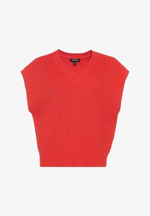 Mouwloos rood gebreid sweatervest met V-hals en geribde tailleband, met een getextureerd wafelpatroon.